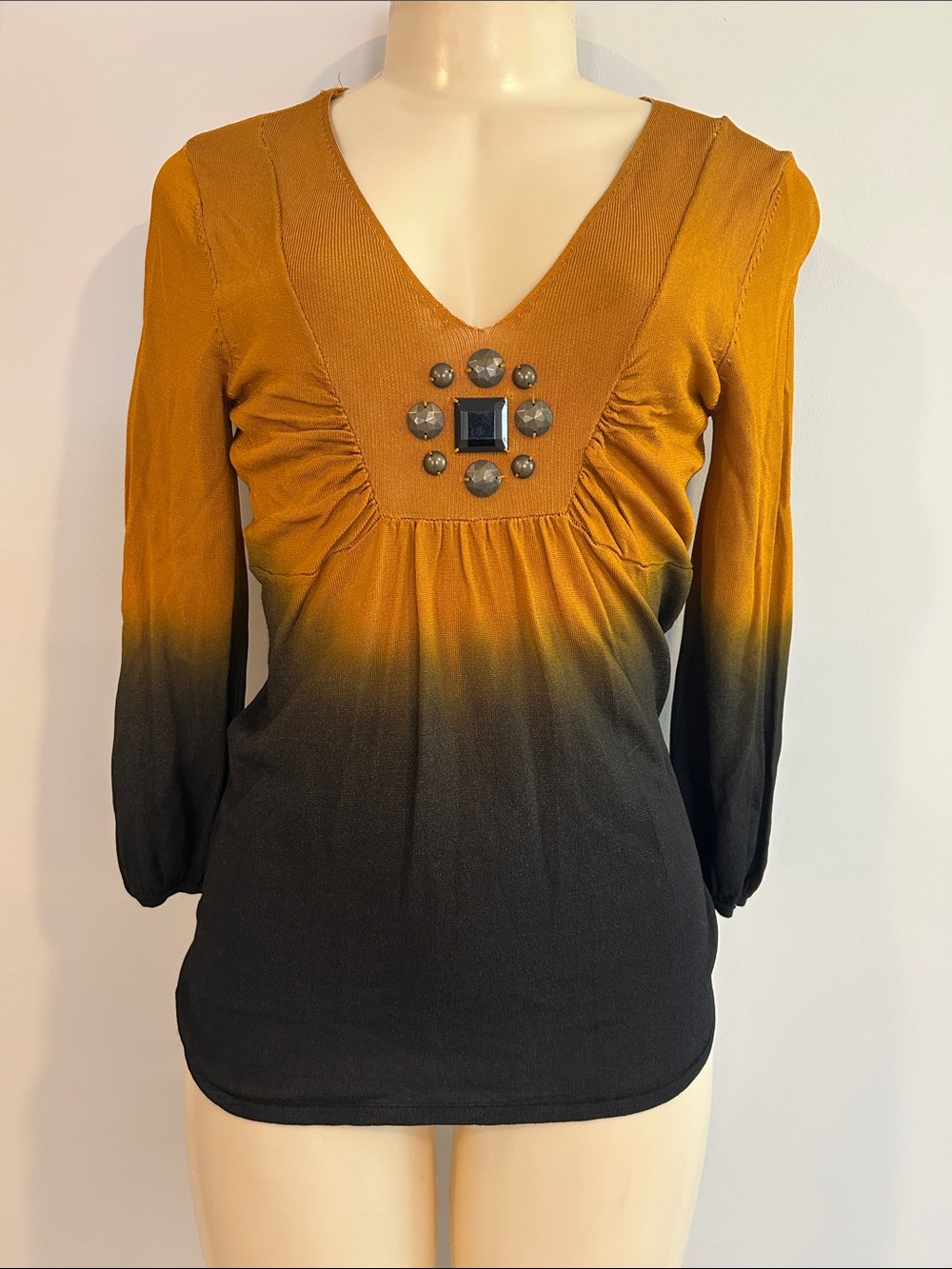 Women’s V-Neck Ombre Long-Sleeve Top with Embellishment - Mustard/Black